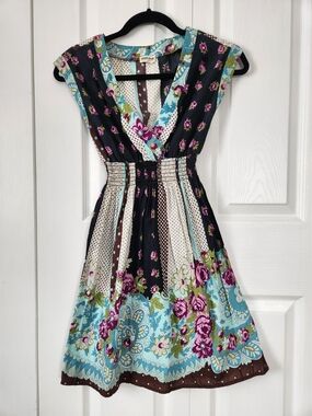 American Rag Floral V-Neck Mini Dress in Black, Teal, and Magenta